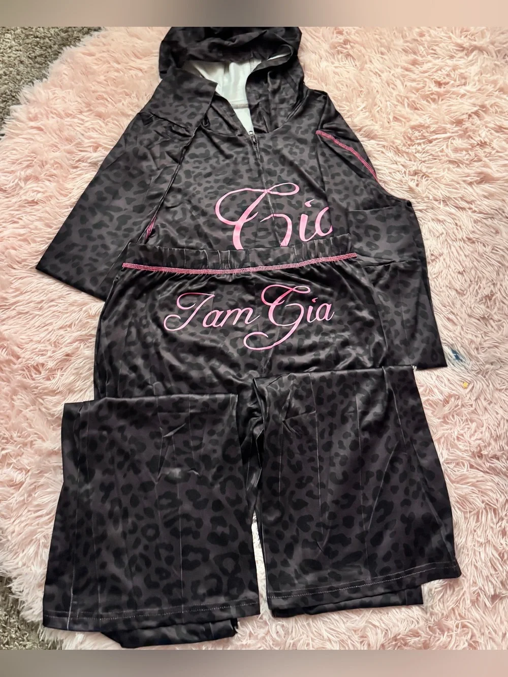 Girls Black Leopard Print Hoodie & Pants Pajama Set with Pink Script